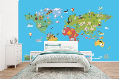 Behang - Fotobehang Wereldkaart Kinderen - Modern - Symbolen - Breedte 400 cm x hoogte 240 cm