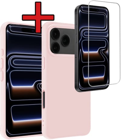 Hoesje - Met Screenprotector - Geschikt voor iPhone 17 Pro / 18 Pro - Sterk & Shockproof - Telefoon Hoes - Back Cover - Siliconen Case - Telefoonhoes - Lichtroze