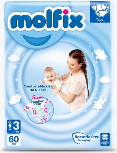Molfix Premium Luiers Maat 3 Midi (4-9 KG) - 60 luiers - Ultra Absorberend, Huidvriendelijk, Perfecte Pasvorm