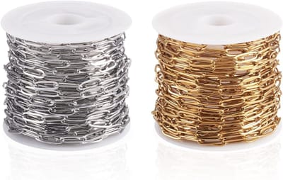 10M 2 Rollen RVS Paperclip Kettingen 10x3.5x0.8mm Ion Plating Oval Link Metaal Chain voor DIY Armband en Ketting Maakprojecten, Creatieve Sieraden Crafts