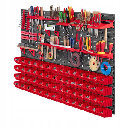 KADAX Werkplaatswandrek, 116 x 78 cm, opbergsysteem van robuuste kunststof, UV-bestendig werkplaatsrek, uitbreidbare wandplaten, opbergrek voor garage, rood, 81-delig
