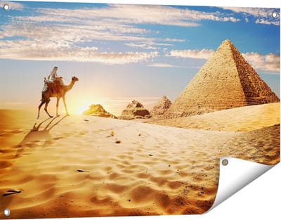 Gards Tuinposter Egyptische Piramides met een Kameel - 90x60 cm - Tuindoek - Tuindecoratie - Wanddecoratie buiten - Tuinschilderij