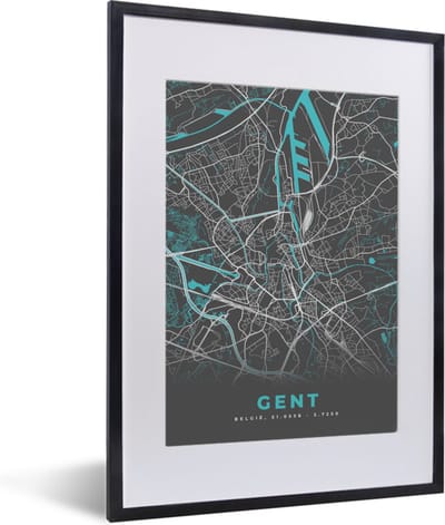 Fotolijst incl. Poster - Kaart – Plattegrond – Stadskaart – Gent – België - Grijs - 30x40 cm - Posterlijst