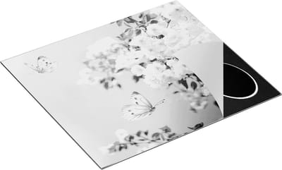 Chefcare Inductie Beschermer Twee Roze Vlinders bij Roze Bloesem Bloemen - Zwart Wit - 60x50 cm - Afdekplaat Inductie - Kookplaat Beschermer - Inductie Mat