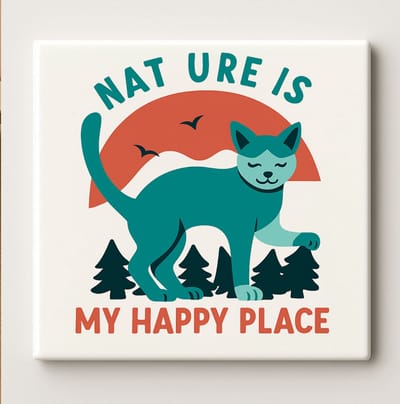 Natuur Is Mijn Happy Place Keramische Tegel – 15x15cm Schattige Kat & Zonsondergang Wanddecoratie voor Dieren- en Natuurliefhebbers
