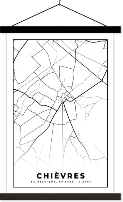 Posterhanger incl. Poster 40x60 cm - Schoolplaat - Kaart – Plattegrond – Stadskaart – Chièvres – België – Zwart Wit - Textielposter - Zwarte latten - Stadskaart