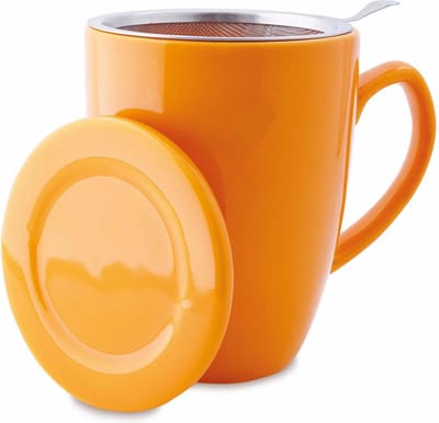 Theemok met Theefilter en Deksel - Keramiek - Inclusief RVS Theezeef - 350 ml - Oranje