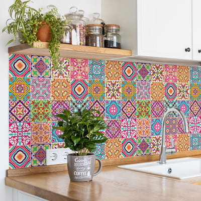 Zelfklevende tegelmuurstickers voor keuken en badkamer - 24 Azulejos Anabel cementtegelstickers - 24 stickers 10x10cm
