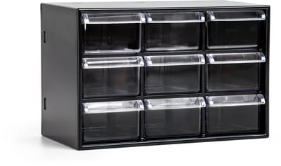 Plasticforte Sorteerbakjes spijkers/schroeven - 9x lades - 18.5 x 10 x 12 cm - opbergkastjes - ophangbaar - zwart/transparant