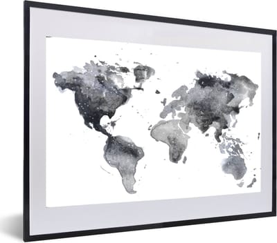 Poster in lijst - Fotolijst 60x40 cm - Posters - Wereldkaart - Abstract - Grijs - Waterverf - Posterlijst zwart - Decoratie - Wanddecoratie woonkamer - Muurdecoratie slaapkamer