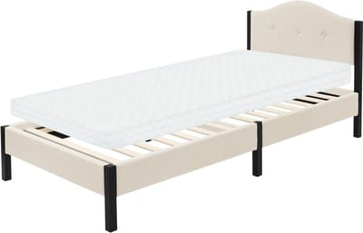 Gestoffeerd bed 90x200 cm met matras (h: 10 cm), beige, eenpersoonsbed met stevig bedframe, bed met gestoffeerd hoofdeinde en lattenbodem, jeugdbed ML-Design