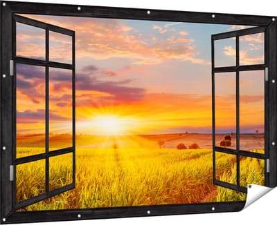 Gards Tuinposter Doorkijk Zonsopgang op het Maïsveld - 180x120 cm - Tuindoek - Tuindecoratie - Wanddecoratie buiten - Tuinschilderij