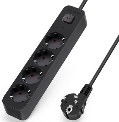 Aigostar 20BX5 - Stekkerdoos 4-voudig met overspanningsbeveiliging - 1,5m snoer en schakelaar – Kinderbeveiliging – randaarde stekker – max. 3680W - Zwart
