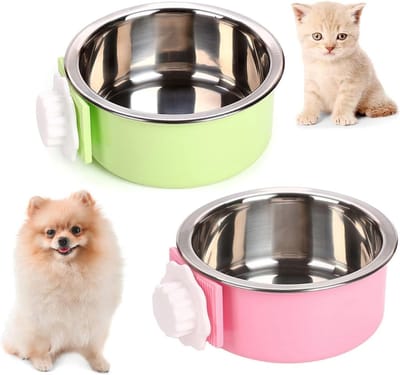 2 Stuks Hangende Voerbak - RVS - Afneembaar - Honden, Katten, Vogels en Knaagdieren - Groen en Roze