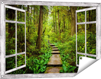 Gards Tuinposter Doorkijk Voetpad in het Bos met Groene Planten - 90x60 cm - Tuindoek - Tuindecoratie - Wanddecoratie buiten - Tuinschilderij