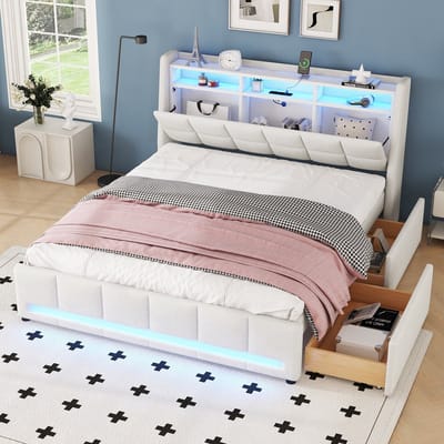 Sweiko Tweepersoonsbed - 140 x 200 cm - LED-verlichting - USB-poorten - 2 lades - Linnen - Beige