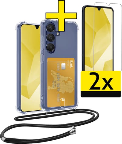 Hoesje Geschikt voor Samsung A16 Telefoonhoesje Met Koord Case Pashouder Met 2x Screenprotector Siliconen - Hoes Geschikt voor Samsung Galaxy A16 Hoesje Met Kaarthouder - Transparant