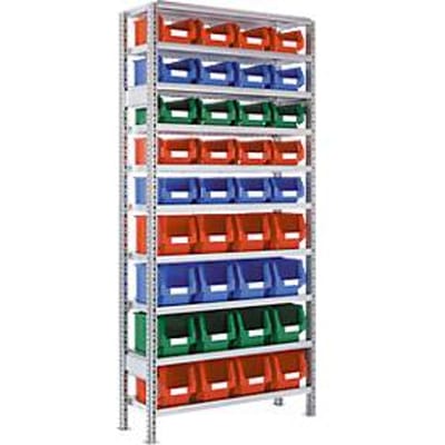 Legbordstelling R 3000, B 1055 x D 400 x H 2278 mm, 1 basis stelling, 10 legborden en 36 bakken van polyethyleen