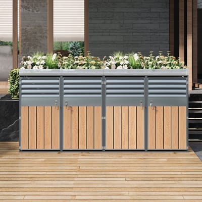 REDOM Afsluitbare Afvalcontainerkast Met Plantenbak - Met Lamellenventilatie - Vier Deuren - Staal - Grijs En Houtlook