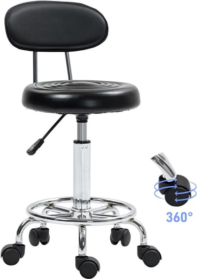 ECTEATOY® kruk op wielen - Premium Rolkruk met Rugleuning en Voetensteun - In Hoogte Verstelbaar 70-86 cm - Salon, Kantoor & Praktijk - Zwart