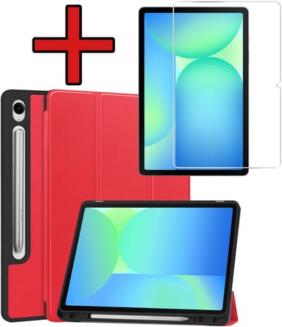 Hoesje - Geschikt voor Samsung Galaxy Tab S10 FE - Met Screenprotector - Trifold Bookcase Hoes - Hard Cover Case - Met Uitsparing Geschikt voor S Pen - Hardcover Book - Tablethoes - Rood