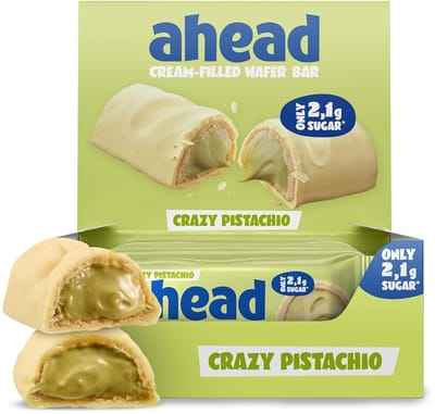 ahead Crèmewafelrepen – Wafelreep met Roomvulling – Doos 12×30 g – Zonder Toegevoegde Suikers – Glutenvrij – Eiwitbron – Max. 2,4 g Suiker per Reep