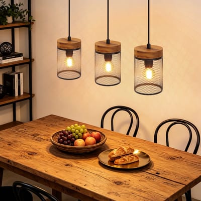 NETTLIFE Vintage Hanglamp 3-lichts – Hout & Zwart – Industrieel – E14 – Pendelverlichting voor Eettafel Woonkamer Keuken & Eetkamer – Zonder Lamp