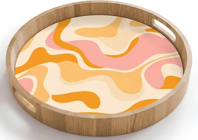 Dienblad rond 40x40 cm - Schootdienblad hout - Abstract - Golvend - Oranje - Borrelplank rechthoek - Plateau houten dienbladen