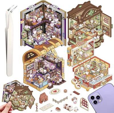 4 sets DIY 3D huis stickers, leuke doe-het-zelf stickers scène maak je eigen supermarkt, coffeeshop, restaurant, schattige 3D cartoon scène stickerset voor verlichting stress pass the time