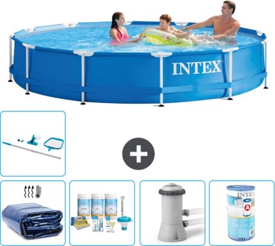 Intex Rond Frame Zwembad - 366 x 76 cm - Blauw - Inclusief Solarzeil - Onderhoudspakket - Zwembadfilterpomp - Filter - Schoonmaakset - 6-delig