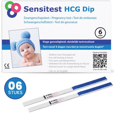 Sensitest Zwangerschapstest Dipstick – 6 stuks – Extra vroeg testen vanaf 4 dagen vóór menstruatie – 25 mIU/ml – Inclusief handleiding & zwangerschapskalender