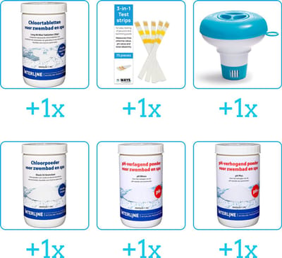 Zwembad Onderhoudspakket - Onderhoud Zwembad - bevat Chloor - Testrips - Chloordrijver - Chloor - PH-min en PH-plus (6-delig)