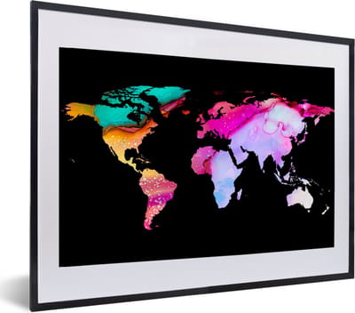 Poster in lijst - Fotolijst 60x40 cm - Posters - Wereldkaart - Waterverf - Regenboog - Posterlijst zwart - Decoratie - Wanddecoratie woonkamer - Muurdecoratie slaapkamer