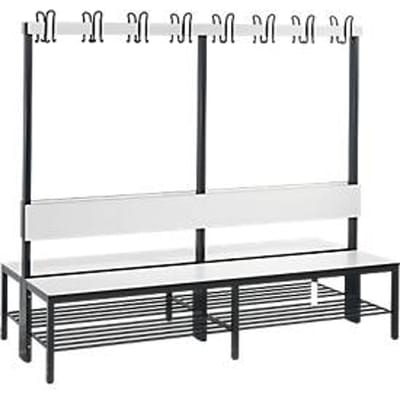 Garderobebank Basic Plus, 2-zijdig, rugleuning, met schoenenrek, basisframe zwart-grijs RAL 7021, B 1960 mm, decor wit