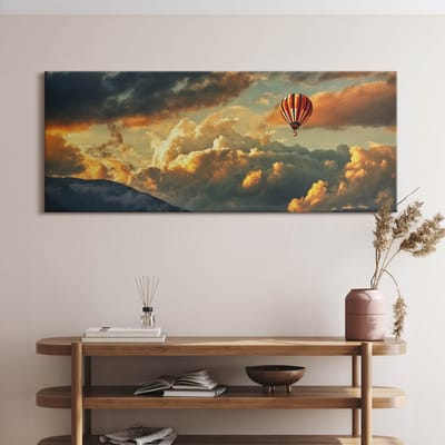 Wallfluent Foto Op Canvas Ballonvaart tussen de wolken - 125 x 50 cm - Grijs Schilderij Op Canvas - Landschappen Foto Op Doek - Imitatie van een olieverfschilderij Schilderij Doek - Kunst Schilderij Canvas