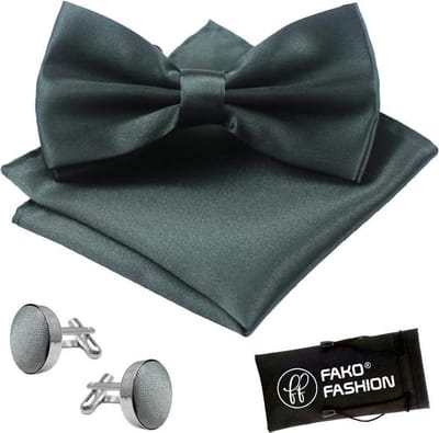 Fako Fashion - Vlinderstrik, Pochette & Manchetknopen - Vlinderdas - Strikje - Pochet - Satijn - Donkergrijs