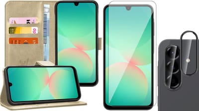 Hoesje geschikt voor Samsung Galaxy A17 5G / A26 - Screenprotector Glas & Camera - Portemonnee Book Case Goud