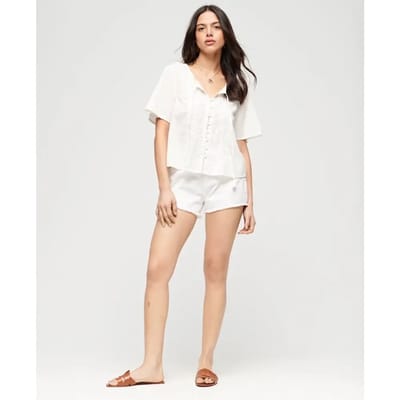 Superdry Geborduurd Topje met Knopen en Korte Mouwen Crème Grootte: 36