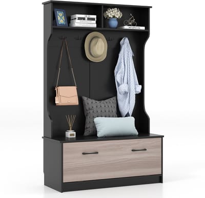 COSTWAY Kapstok met zitbank en 5 dubbele haken, garderobe met open vakken en schoenenkast, halgarderobe voor entree, slaapkamer, 100 x 40 x 160 cm