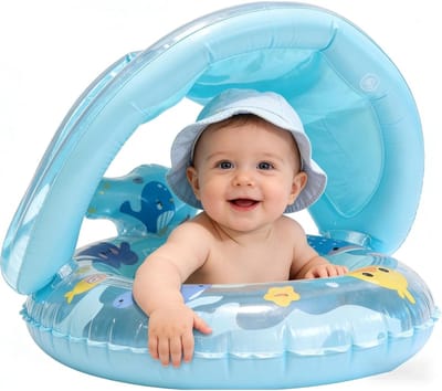 Baby Zwemstoel met Zonnekap en Zeedierenprint – Veilige Anti-Kantel Zwemband voor 0-4 Jaar, Lichtblauw