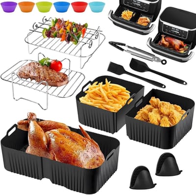 Herbruikbare Siliconen Air Fryer Accessoires voor Dual Zone Airfryers, Flexibele Liners en Mand Inserts voor Gezond Koken, Grilling Rack en Keukenhandschoenen