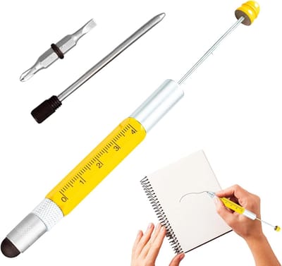 Gereedschapspen - Meetliniaal pen - Kralen rijgen - 6-in-1 Multifunctioneel - 16.6 cm - Geel