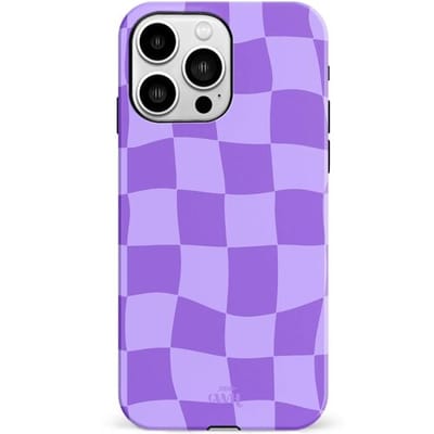 xoxo Wildhearts Violet Vibes - Double Layer - Hoesje geschikt voor iPhone 14 Pro case - Siliconen hoesje met golvenprint - Golvende blokjes - Geblokt - Hardcover - Beschermhoes - Optimale bescherming - Paars