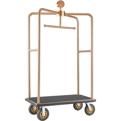 Chariot à bagages d'hôtel, Chariot de voiturier robuste de 544,31 kg avec cadre en acier inoxydable, Roues en caoutchouc de 203 mm, Plateau recouvert de tapis noir, Bagages commerciaux