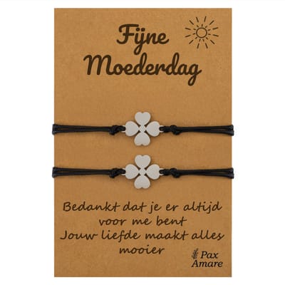 Moeder Dochter Armbandjes voor 2 "Fijne Moederdag" - Klavertje Vier - Moeder Kind Armbandjes met Persoonlijk Cadeau Kaartje voor mama - Zilverkleurig - Elastisch Verstelbaar - Pax Amare