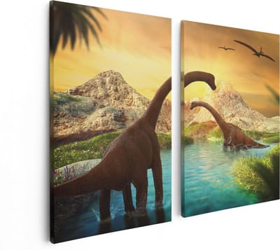 Artaza Canvas Schilderij Tweeluik Dinosauriërs in het Water - Dino's - 80x60 - Foto Op Canvas - Canvas Print