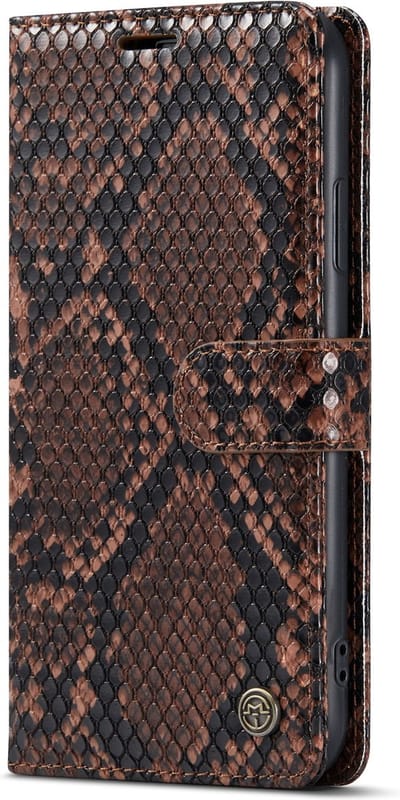 Casemania Hoesje Geschikt voor Apple iPhone XR - Bruin - Luxe Wallet Bookcase met Pasjeshouder en Standaard - Kunstleer Portemonnee Telefoonhoesje met Slangen Structuur