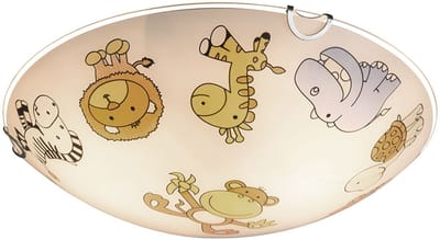 Kinderlamp plafondlamp glas kinderkamerlamp rond, gekleurd glas met dierenmotieven, 2x E27, DxH 30x6,5 cm