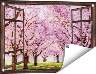 Gards Tuinposter Doorkijk Roze Bloesembomen Park - Bloemen - 60x40 cm - Tuindoek - Tuindecoratie - Wanddecoratie buiten - Tuinschilderij