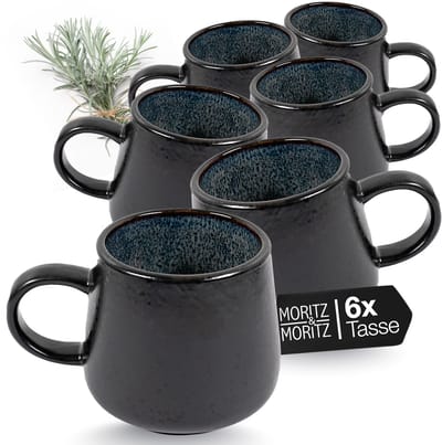 Moritz & Moritz SOLID Koffiekopjes Set - 6-delig Koffiebeker met Oor - 420 ml - Steengoed - Grijs